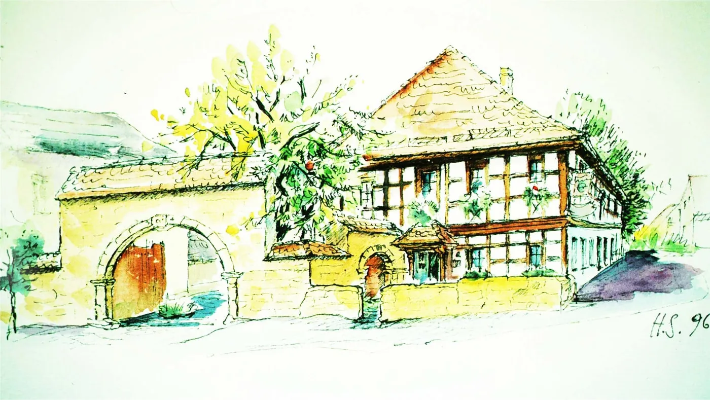 Aquarell des Egloffsteiner Hofs: Fachwerkhaus mit Sandsteintorbogen und blühendem Baum